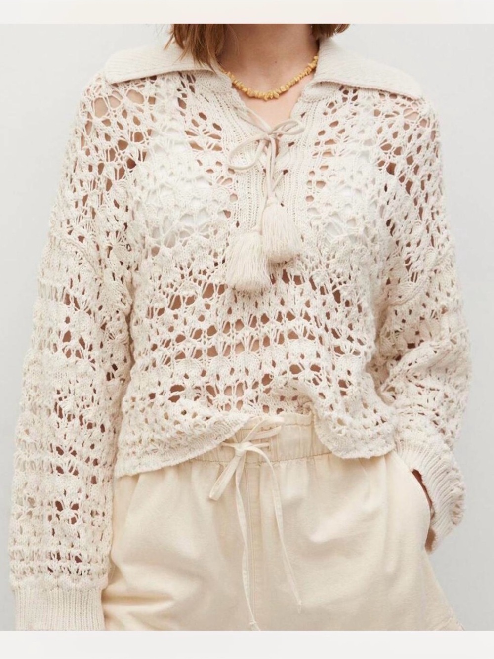 MANGO Oversized Cream Crochet Pullover Sweater with Tassel Tie size S